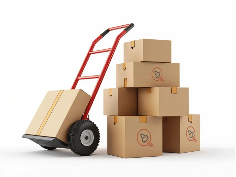 Stack of quicksilver boxes with one on a hand cart